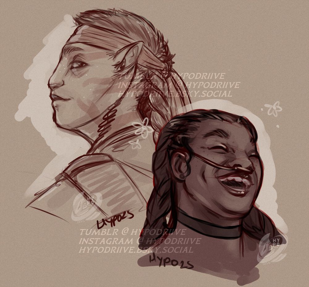 Two sketches, the first a study of RecombinantPrager from ATWOW, the second of a Black plus size genmod woman laughing against his back. 