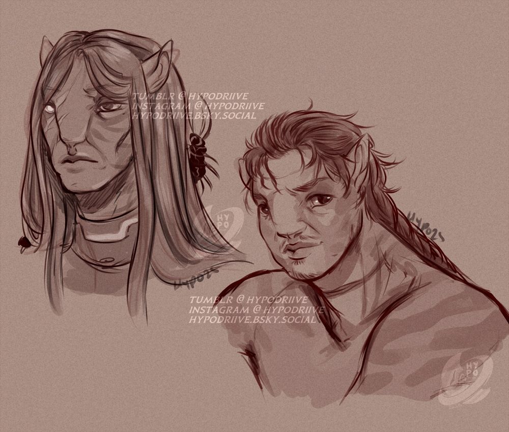 Two monochrome sketches of separate recombinant characters. The first, Kitcher, a dark priest in a fantasy AU. The other, Anibal - a recombinant within Simulacra