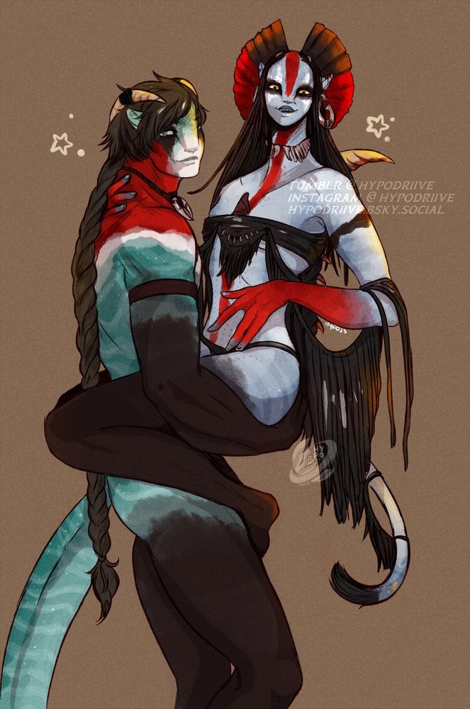 A colored pose study of Aries, a reef recombinant OC lifting Varang - the tsahìk of the Mangkwan. She uses her legs to support herself as he holds onto her hind. With her hand on his nape, she smiles - satisfied with being lifted. Both of wearing Mangkwan garb & bodypaint. 