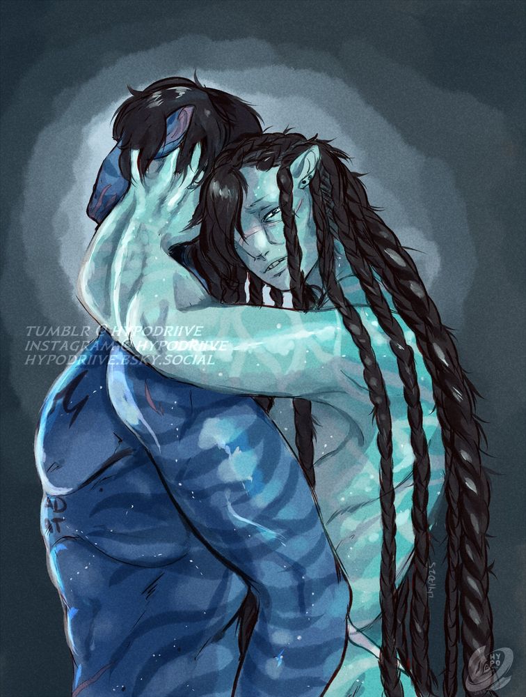 A very rough painted piece focusing on two recombinant characters, one of forest lineage the other a reefer. Roan, the forest recom, stands in front of the reefer, and has his face turned away from the viewer. He has numerous small scars, and several tattoos that are somewhat obscured by the way he's facing. Teague, the reefer, stands behind him with their body pressed against his. They have their broad, webbed hands pressed against one side of his face, and they look towards the view with a complicated expression as their forehead rests against the back of his head. Their face and body are marred by two large scars, and several braids cascade down their back. 