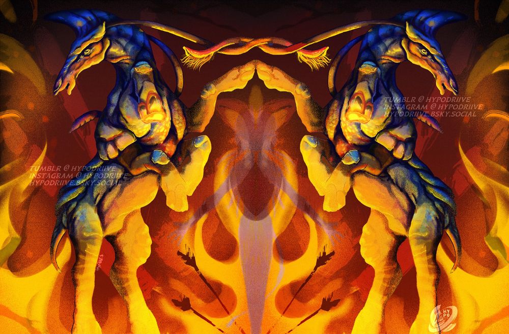 A symmetrical piece of two pa'li with entangled tswins, rearing up as fire erupts between them from flaming arrows. Fire frames and illuminates the undersides of the creatures as they're caught between the clutches of growing flames. In the background, Varang's silhouette can be seen emerging from the flames, and her handprints frame both Pa'li's startled forms. 