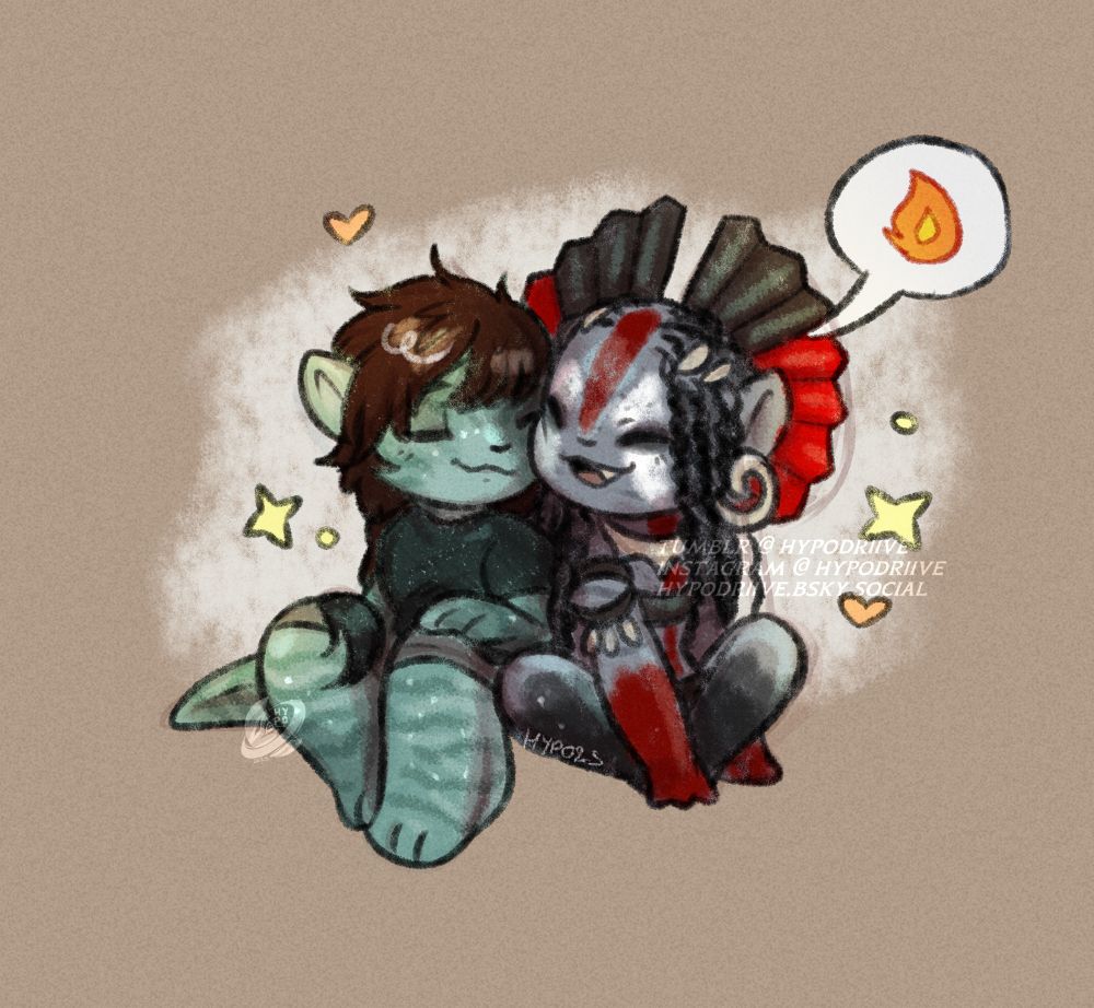 A simple, crayon style chibi of Aries - a reef recombinant, sitting up against and nuzzling Varang - the leader of the Mangkwan. 