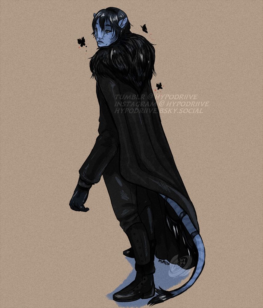 A fullbody, colored sketch of a forest recombinant wearing dark, vampiric clothing and a feathered black cloak. He glances back over his shoulder. 