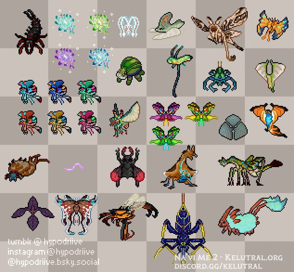 A sprite sheet showcasing pixel illustrations of various Pandoran Insectoid creatures, made for Kelutral's server game "Na'vi Me 2"