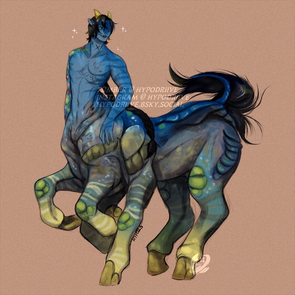 A messily rendered sketch of a direhorse centaur recombinant, Roan. He's mid gallop, and looking back over his shoulder. 
