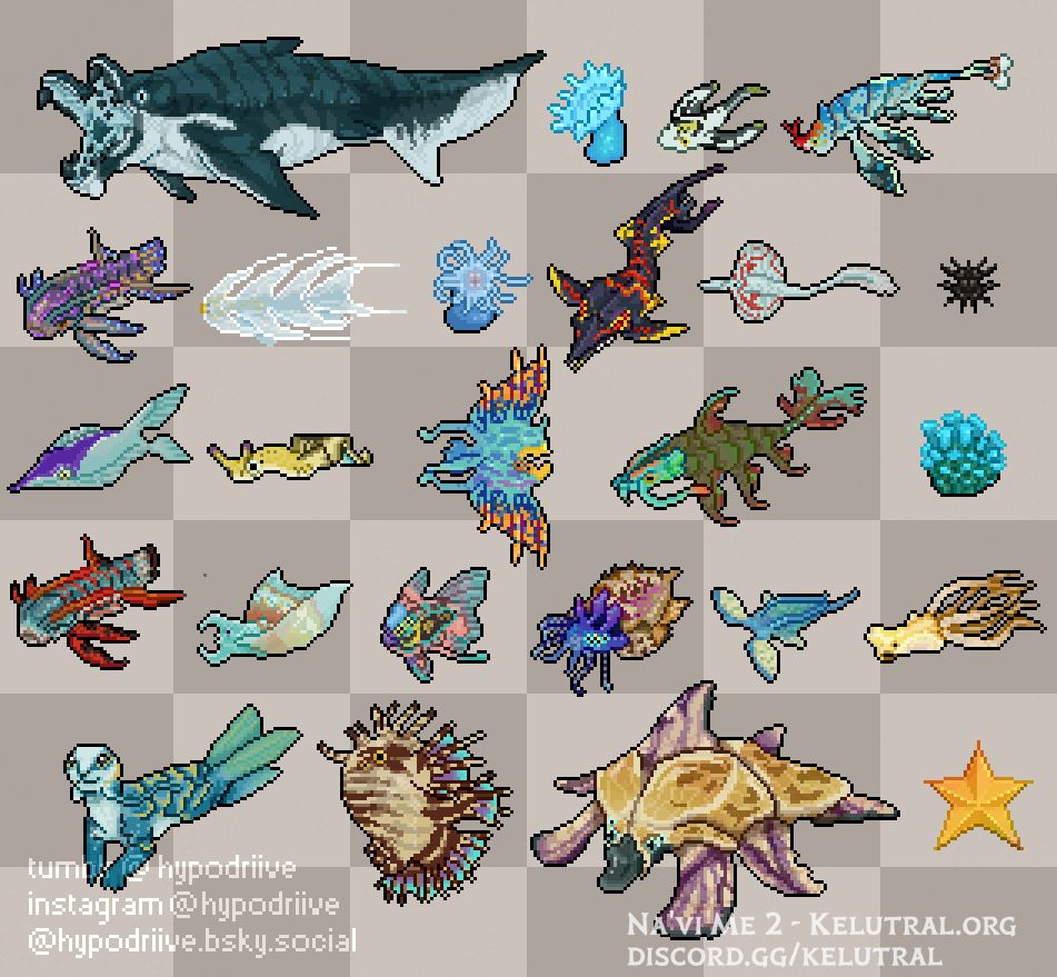 A sprite sheet showcasing pixel illustrations of various Pandoran fish and aquatic creatures, made for Kelutral's server game "Na'vi Me 2"