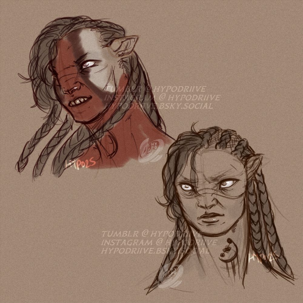 Two uncolored sepia-ish headshots of reef recombinant OC, Hudson Teague. In the first image they wear Mangkwan warpaint, and somewhat of a snear. In the second image, however, they're glaring at someone of screen. Likely Varang, as they're jealous of everything she is and has attained. 