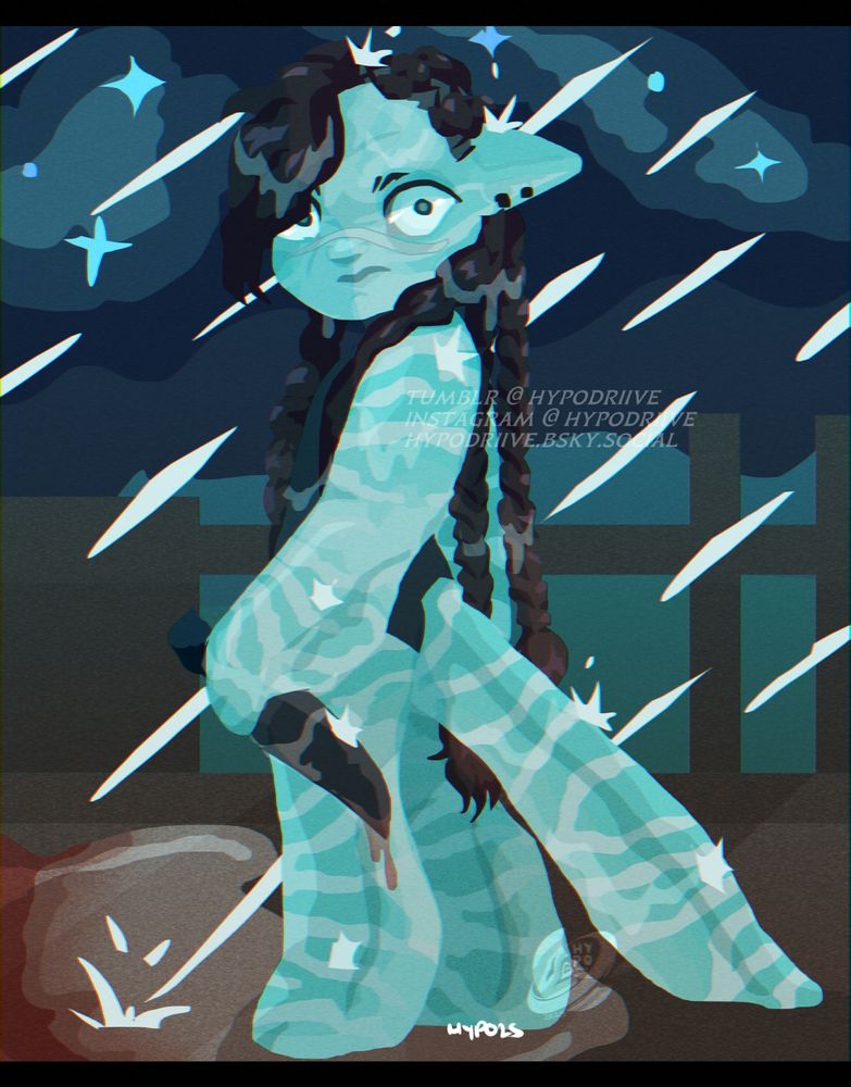 A lineless chibi of Teague, a reef recombinant character standing in an industrial complex in heavy rain. They're soaked through, and holding a knife. 