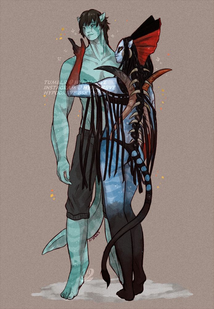 A rough color sketch of a fullbody couple - Aries, a reef recombinant OC & Varang, the tsahik of the Mangkwan clan from Avatar Fire & Ash. Aries is standing, with his head tilted - and Varang stands in front of him, reaching up to affectionately and playfully touch his cheek. 