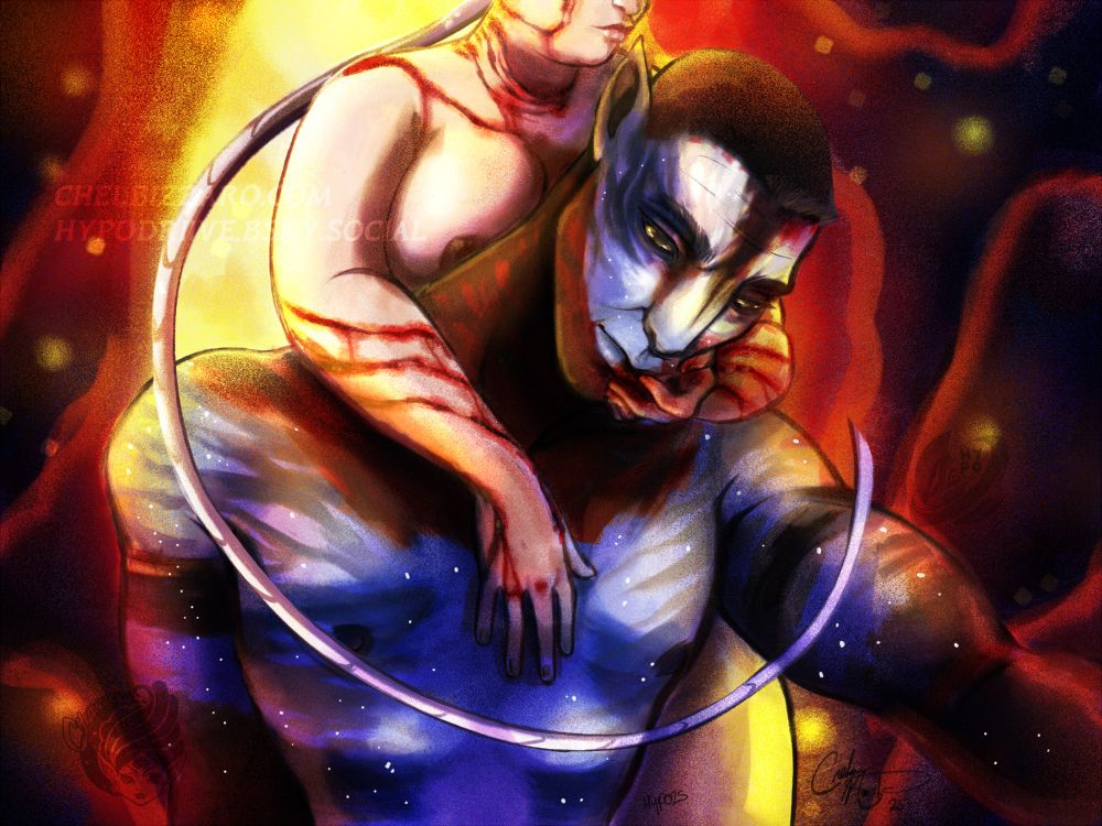 A colored, collaborative rendition of Chelbizzaro's black and white digital drawing of Colonel Miles Quaritch from Avatar. He sits, expression distant as a pale skinned human woman wraps her arms around his shoulders. One hand rests on the center of his chest while the other cradles his face. Quaritch wears the war paint of the Mangkwan while the woman has uniform scarring along her arms, neck, back, and face. A long sheath curls in front of Quaritch, framing his face in a way.