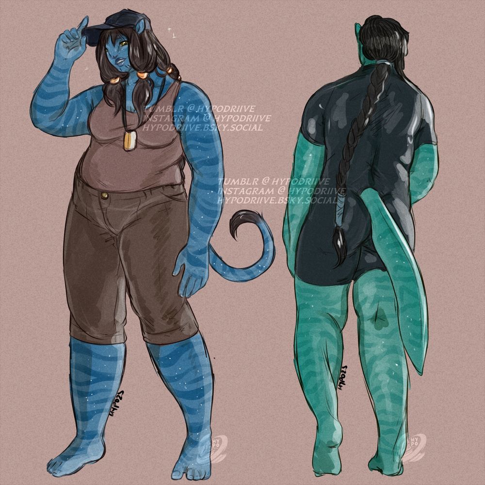 two messily colored sketched fullbodies of two plus size recombinant women. 
The first, a forest recombinant wearing a brown tank top and pants, her hair is held in two long bunches, and she has traditional Inuit tattoos on her face. The second is depicting a reef recombinant woman walking away from the viewer, her microbraided hair swept back into her queue. 