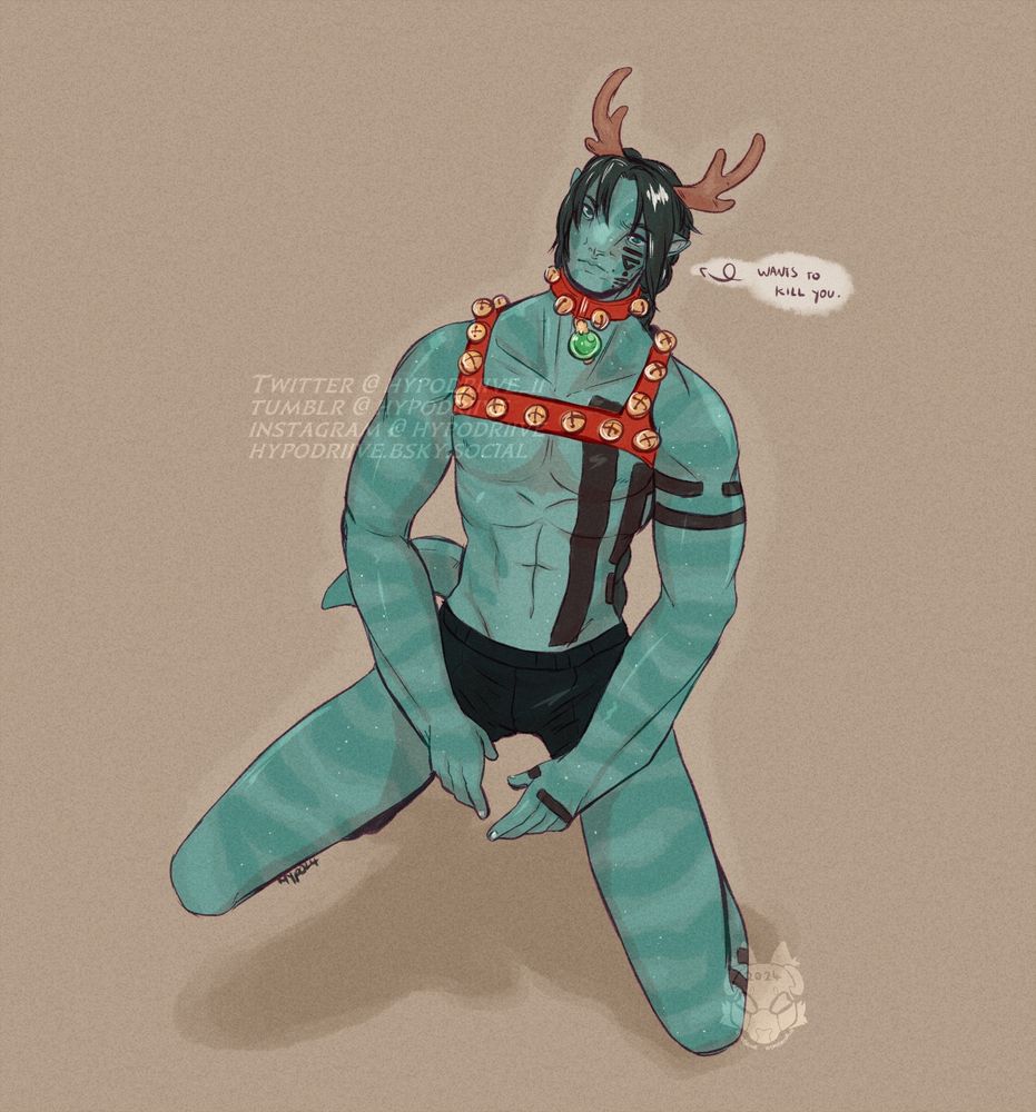A heavily tattooed reef recombinant crouched on one knee. He's wearing a belled harness, collar and reindeer antlers. He looks irritated. The caption says "Wants to kill you." 