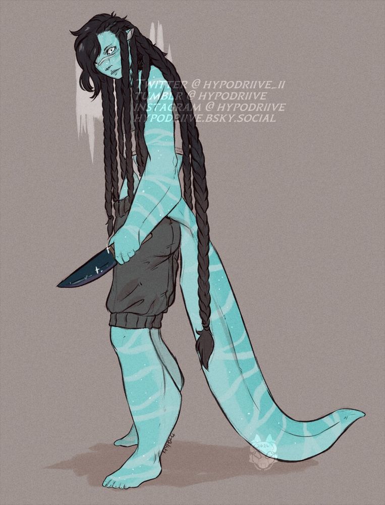 A rough drawing of Teague, a reef recombinant. They're holding the knife and looking towards the viewer