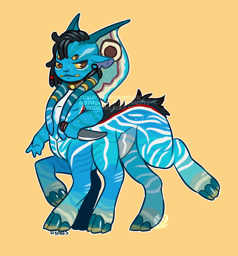 A chibi adoptable of a na'vi-hexapede centaur. They have bright blue skin, white stripes and a yellow and eye-like sails behind their head. A dark blue mohawk lines their body. 