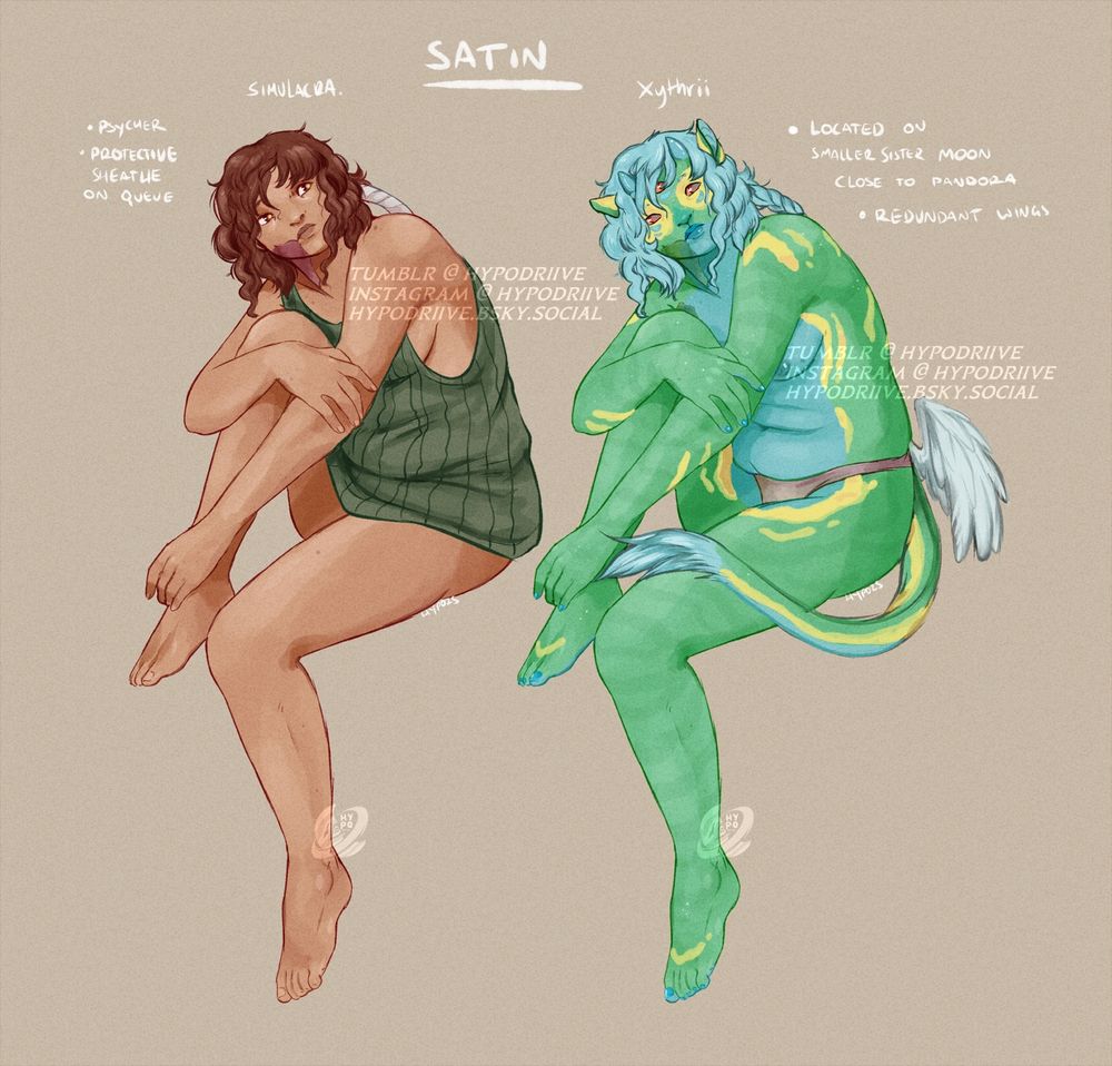 Two pose studies of the same pose and the same character: Satin.  The first sketch is of a tanned skin, chubby girl with reddish-brown hair and glowing pupils. She has a synthetic sheathe covering her queue, and she wears a tanktop that belongs to her recombinant handler. 

The second is of the same character but of her original design. She has green, marbled skin with blue and yellow patches, three eyes and blue hair. She has two, small, redundant wings that jut out from the back of her hips. 