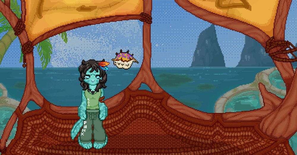 A screenshot from the free-to-play character maker "Na'vi Me2" - created by Mako of Kelutral. The scene contains a pixel oceanic background, with a woven hut, plainly dressed reefer character, floating lamplizard and a pair of distant mountains in the background.  Hypodriive pixelled all the sprites within this image. 