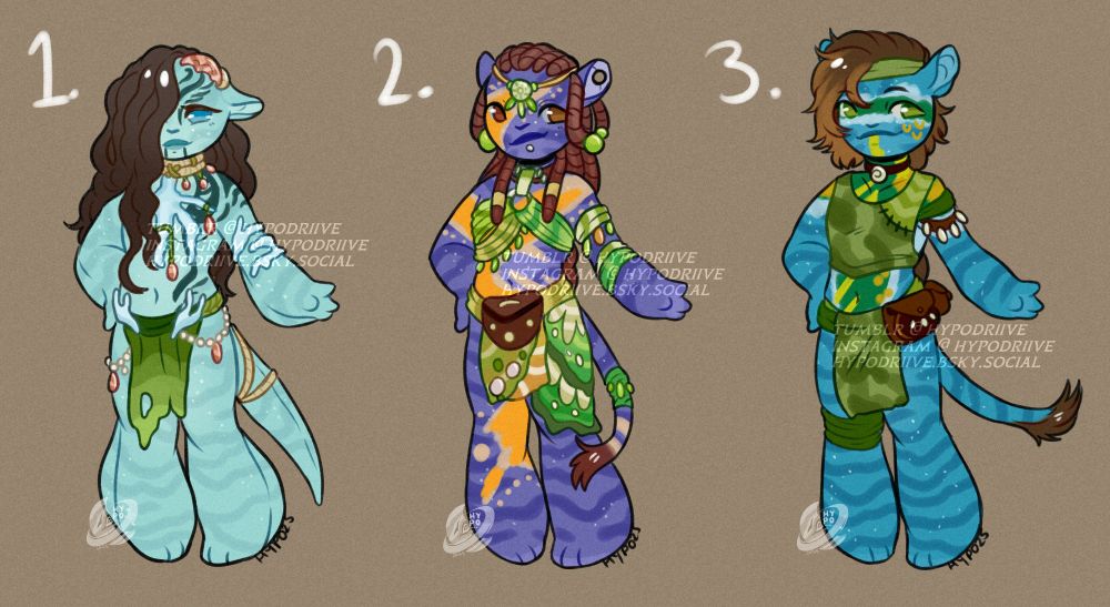 A row of three chibi Na'vi designs of various types, the first - a reefer, with a coral outfit and tattoos, the second, a colorfully painted forest Na'vi, and the third, and avatar or recombinant donned in old RDA clothing and green and yellow warpaint. All are available at $20 each!