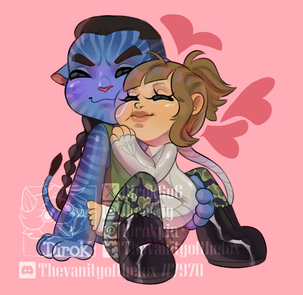 A chibi couple of Quaritch and Branka, from the AU Simulacra. She's sitting on his lap, and squishing her face against his. 