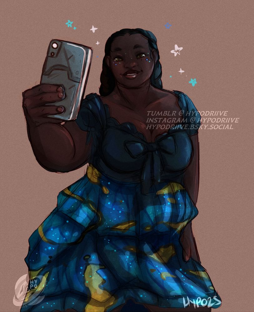 A black, plus sized genmod woman - Thandiwe - holding her phone-tablet-device out as she takes a selfie in a colorful dress, designed to emulate both Pandora's oceans as well as the patterning found on an ikran's wings. It's a messy sketch, but she looks happy within it. 