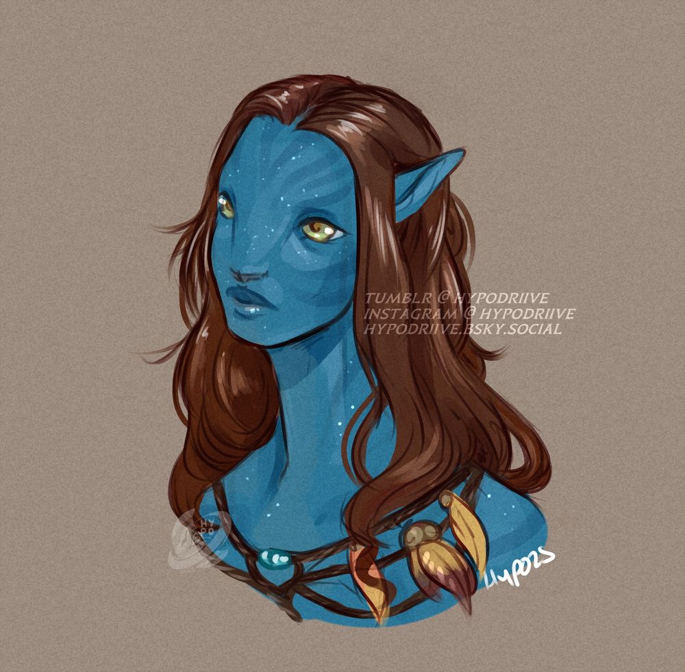 A colored bust sketch of a na'vi woman with long, reddish hair. She looks somewhat upwards, thoughtful. 