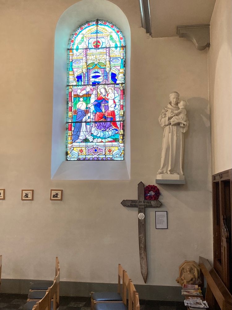 Original wooden grave marker of Lt de Crepy, killed 15/08/1914. In the village church of Les Bulles, Province de Luxembourg, Belgium 