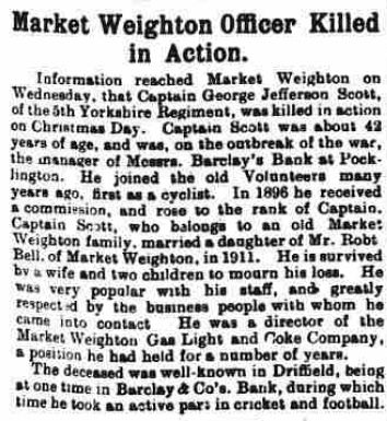 Captain George Jefferson Scott, killed 25/12/1915.