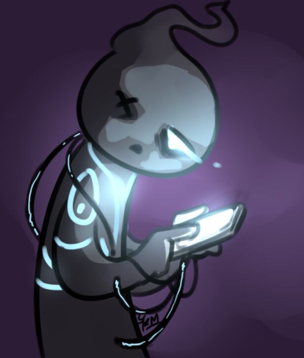 My oc, Silence, staring exhausted at his phone while various cables connect him to it.