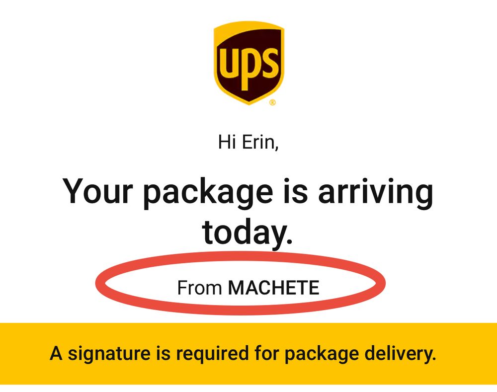 Screenshot of text showing package delivery info and sender name “Machete”
