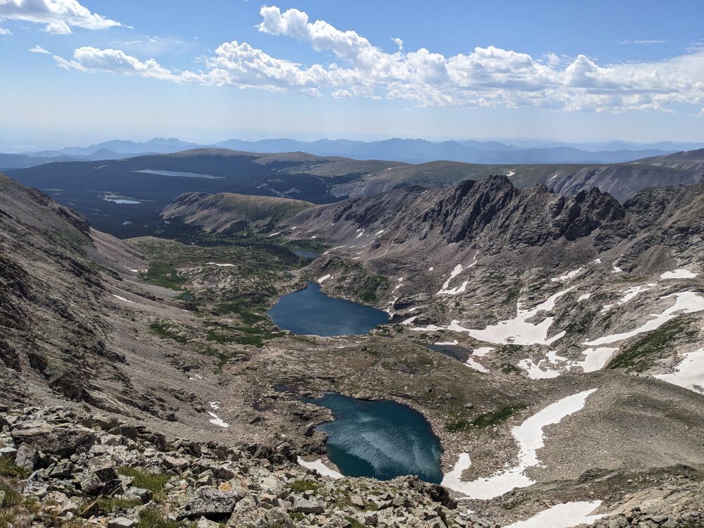 View of Blue and Little Blue lakes looking down the valley from Paiute Peak.