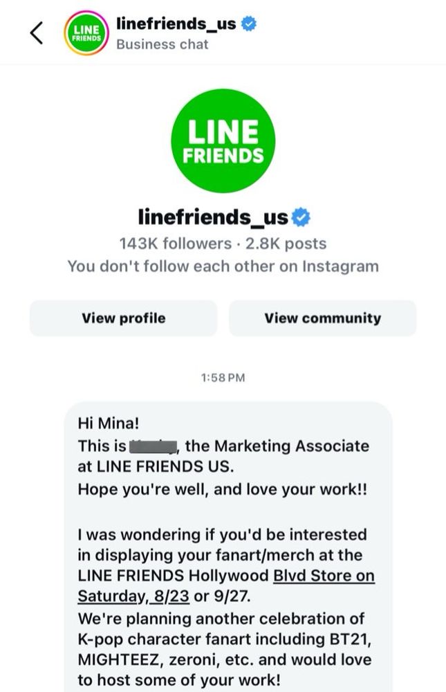 Screenshot of a message sent by the official account of Line Friends US, inviting me to be a featured artist on one of their fanart focused events. 