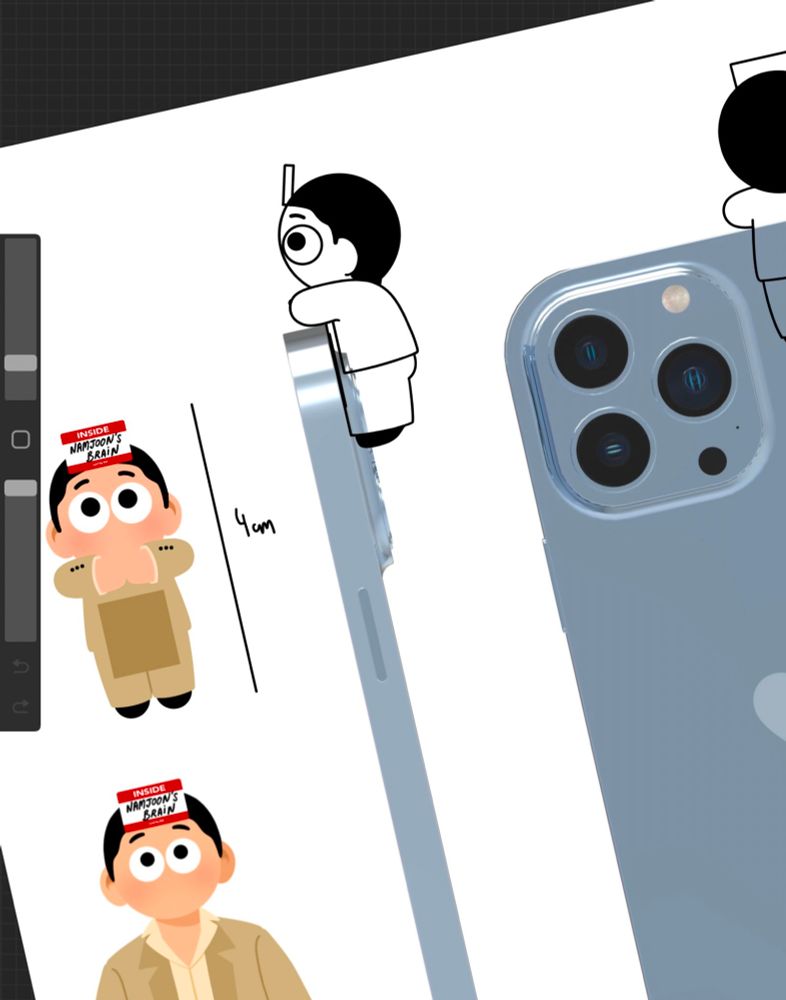 Procreate screenshot of my design progress with a new product inspired by Lost MV of RM. Phone charms or hippers and a 3D model of a phone.