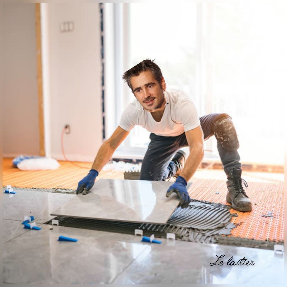 Colin Farrell en train de poser du carrelage 