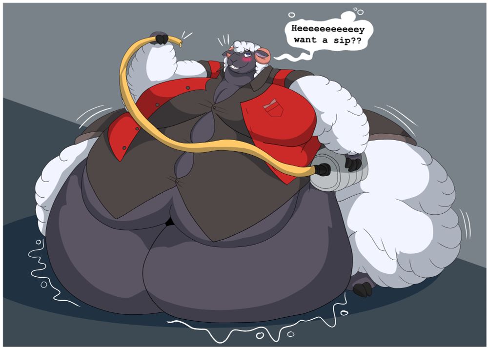 A big fat ram holding a beer keg under his arm, he is clearly drunk and is offering you a sip of beer from a hose connected to the keg