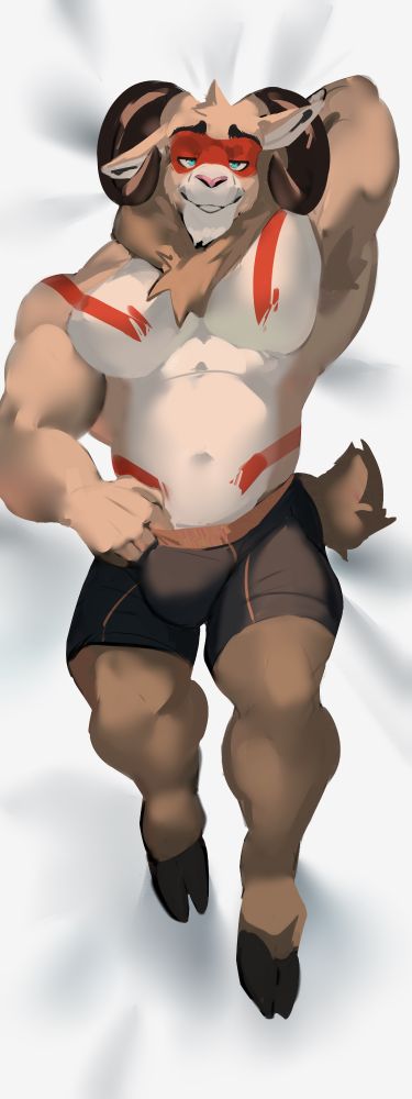 A muscular male anthro ram lying on his back on white sheets, giving you a seductive look. He’s only wearing a pair of grey and orange boxer briefs and some body paint, and has one hand behind his head and the other on his belly.