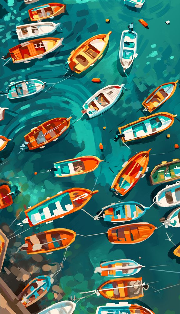 Digital study. stylized. bird's eye view of boats at a harbour. Bright colours