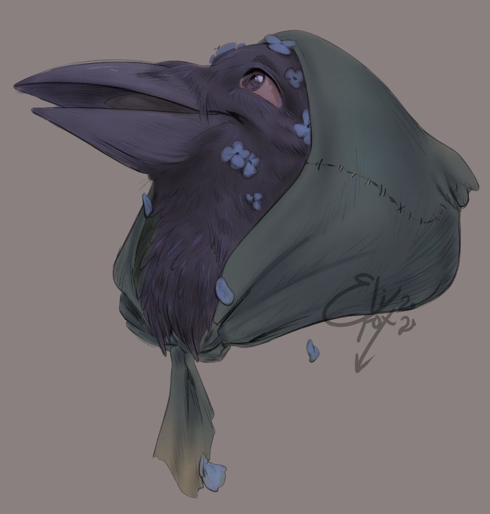a headshot portrait illustration of a kenku character, Pryti Byrdi (pretty birdie), looking up happily in a green hood, small blue flowers sprouting amongst his black feathers. I loved this character dearly 