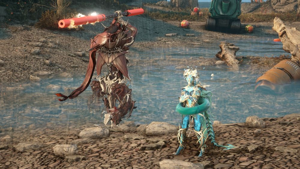 screenshot of two warframes in the dog days captura scene. a blue Valkyr Heirloom is standing stoically while a red Citrine jumps towards her with a Noodletron in mid-air, looking like she will strike her