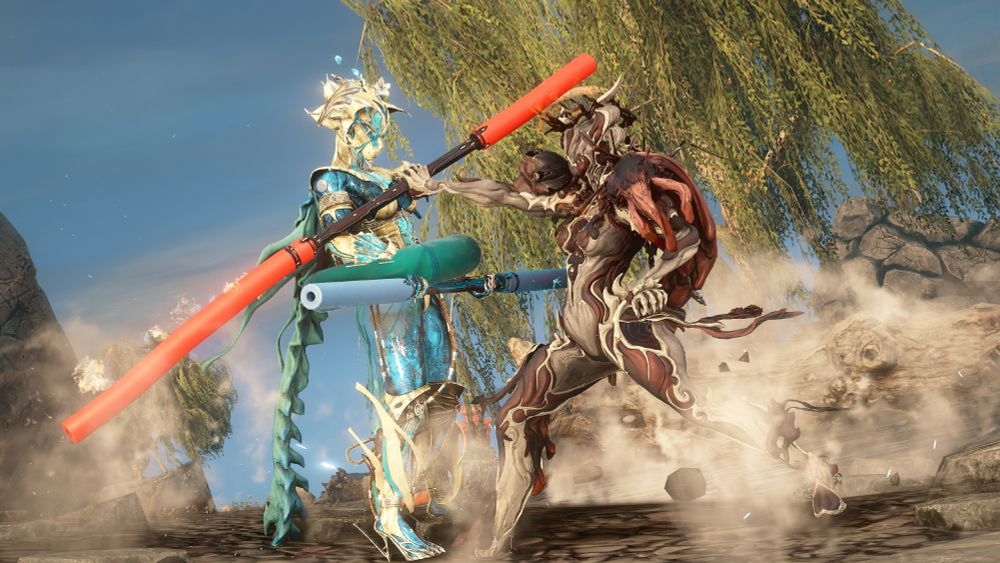 screenshot of two warframes in the dog days captura scene. a blue Valkyr Heirloom is standing stoically while a red Citrine thrusts a noodletron in her direction.