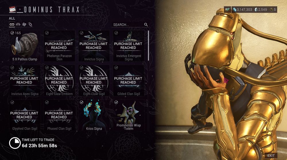a screenshot of the Operation: Eight Claw vendor screen. Dominus Thrax has his face in his hands and appears to be upset. The timer at the bottom of the screen indicates 6 days remain to trade.