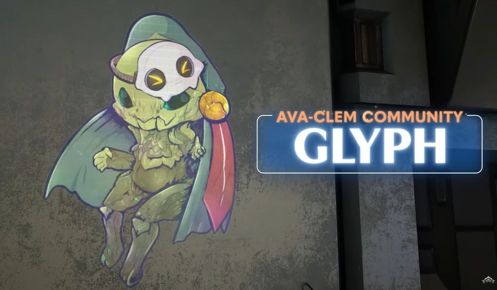 a glyph of Avakot from Soulframe with Clem's mask and his little scarf. Text reads "Ava-Clem Community Glyph"
