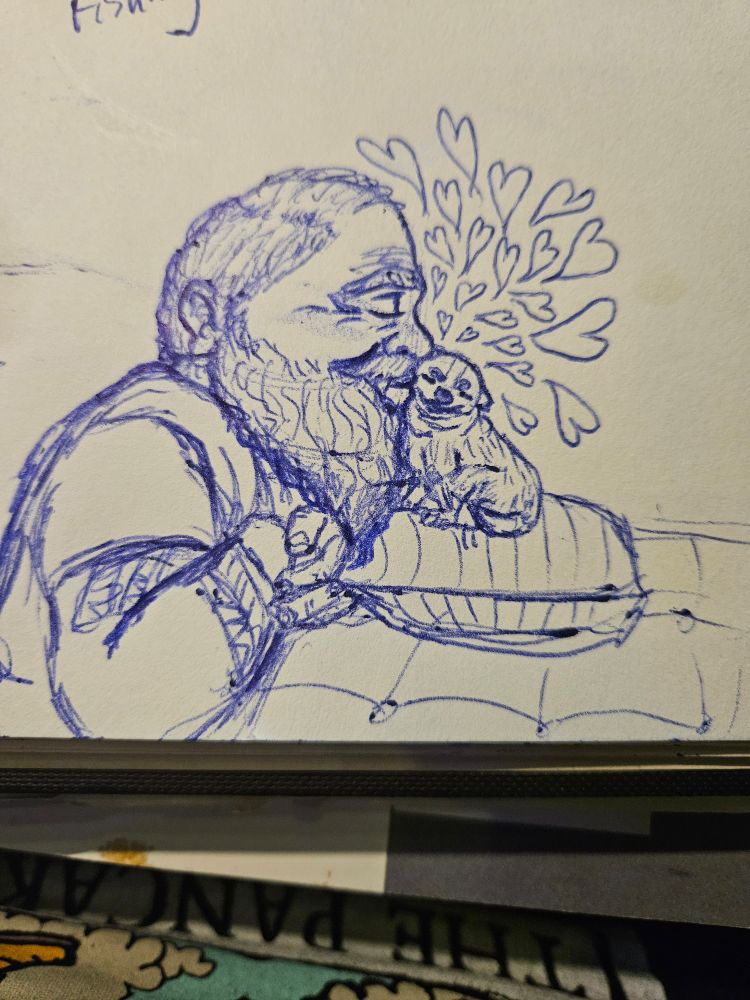 A picture of a blue pen drawing of Fang from Our Flag Means Death giving his chihuahua a kiss to the side of the head with several hearts bursting from them.