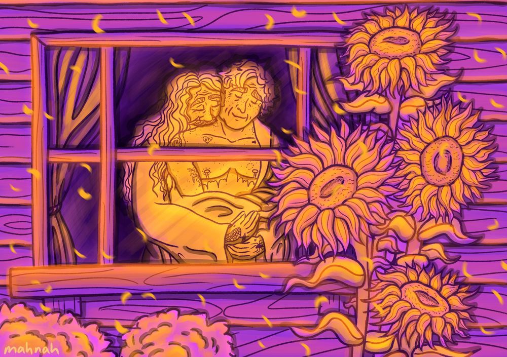 Fanart of t4t Ed and Stede at their inn, having an intimate moment while standing near a window, basking in the sunrise. Stede is standing with his robe falling off on one shoulder, with Ed placing a gentle kiss there and wrapping his arms around Stede's waist. You can can see Stede's top surgery scars, a couple of tentacles on his shoulder, a heart with "ET" initials on his collarbone and a flower tattoo on his bicep. Both Ed and Stede have their eyes closed just enjoying the moment together. Outside the window to the right are a bunch of sunflowers and below to the right a couple of bushes. Gentle leaves are blowing in the wind. This is done in purple hues with the lighting done in oranges and golds.