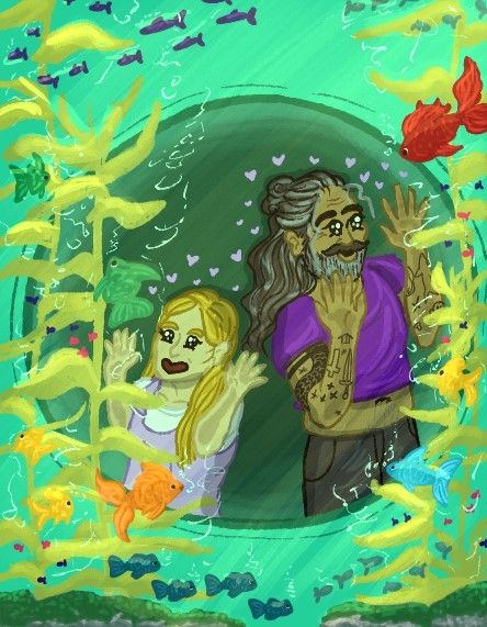 Fanart of Ed and Alma pushed up against the glass staring at the kelp farm and fishes with huge eyes and hearts surrounding them. 