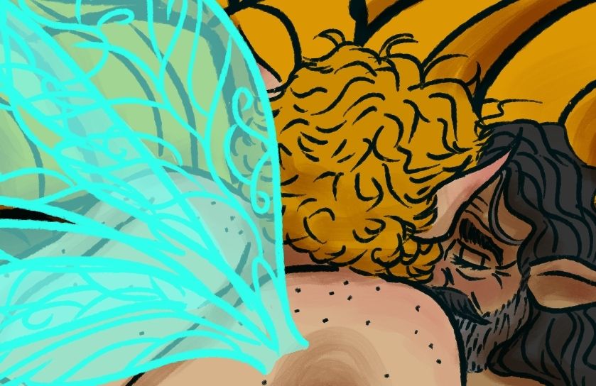 Close up of some fanart of Fairy Ed and Fairy Stede, with Stede above Ed and his face scrunched up in pleasure. Stede’s wings are light blue and you can see freckles on his back