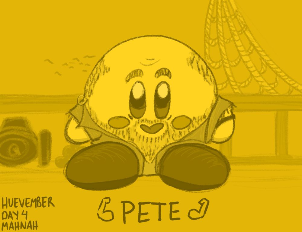 Fanart of Kirby as the Black Pete in season 1 from Our Flag Means Death. They're smiling happily and has the iconic cut off shirt. The background is the deck of the ship, with a cannon and cannon balls to the right and some rigging to the left. Seagulls can be seen in the sky as well. The art is done in a yellow hue for the art challenge Huevember.