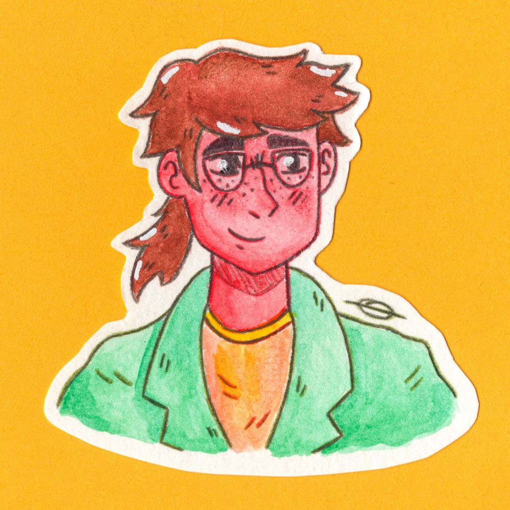 A watercolor drawing of Ugly_girl_heaven's character. She is a human with reddish skin, brown hair in a ponytail and glasses. She's wearing a yellow tshirt and a green vest. The background is light orange, almost yellow.
Drawing made by myself, Sainka.