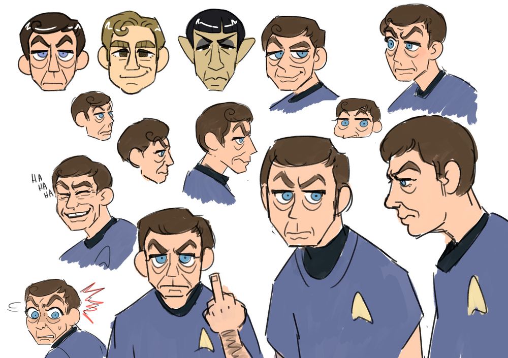 digital sketchpage of studies of Mccoy in the for of portraits. In the upper left corner is also a headshot of Kirk and Spock 