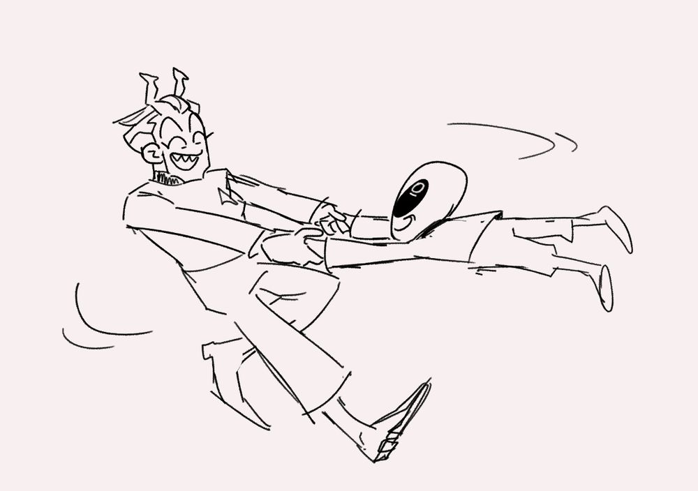 sketch of Tennifer holding Zob's hands and swinging them both in a circle, both smiling and having fun.