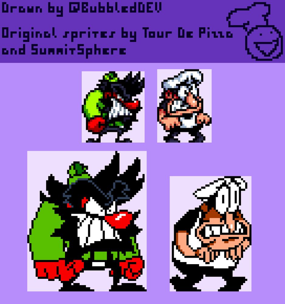 Two sets of drawings depicting Dynamite Anton and Peppino Spaghetti, each in the art styles of their respective games, ANTONBLAST and Pizza Tower.
At the top is text which reads:
"Drawn by @BubbledDEV
Original sprites by Tour De Pizza and SummitSphere"
In the top right corner is a doodle of a smiley face with Peppino's chef hat.