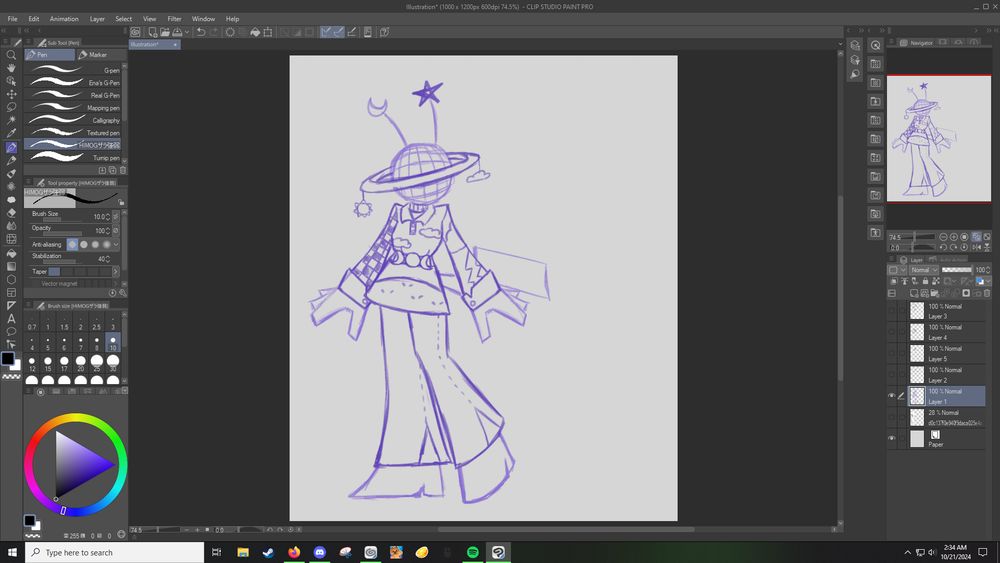 A stylized work in progress drawing of an object head OC. They have a disco ball for a head, with a planetary ring around it, as well as mismatched antennae: one is tipped with a moon and the other is a star. They have a lightning bolt tail and are striking a pose. Their outfit is eccentric, with a wiccan triple moon belt, a long sleeve shirt inspired by Mrs. Frizzle, flared pants, sun and cloud earrings dangling from their planetary ring, and heeled boots.